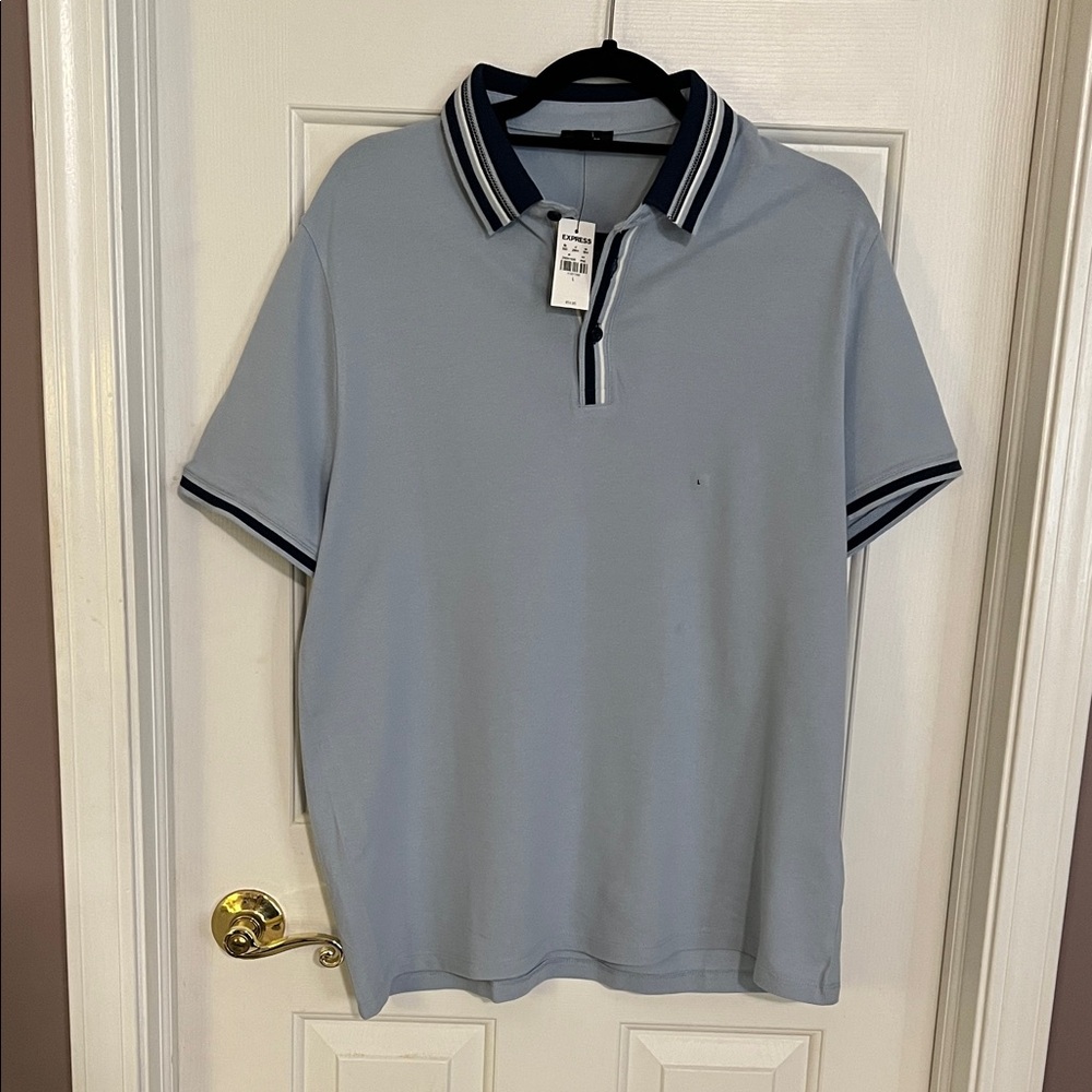 NWT - Express Men's Light Blue Polo with Navy & White Trim